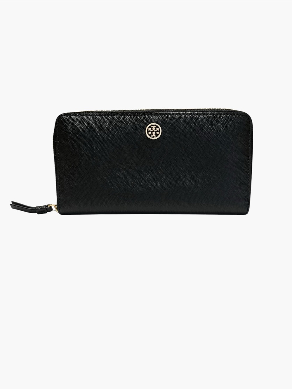 Tory Burch Robinson Zip Continental Wallet Black Royal Navy Leather Gold Logo